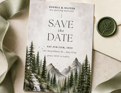 Mountains & Waterfall Invitation Template | Editable in Canva | 5" x 7" Digital Download