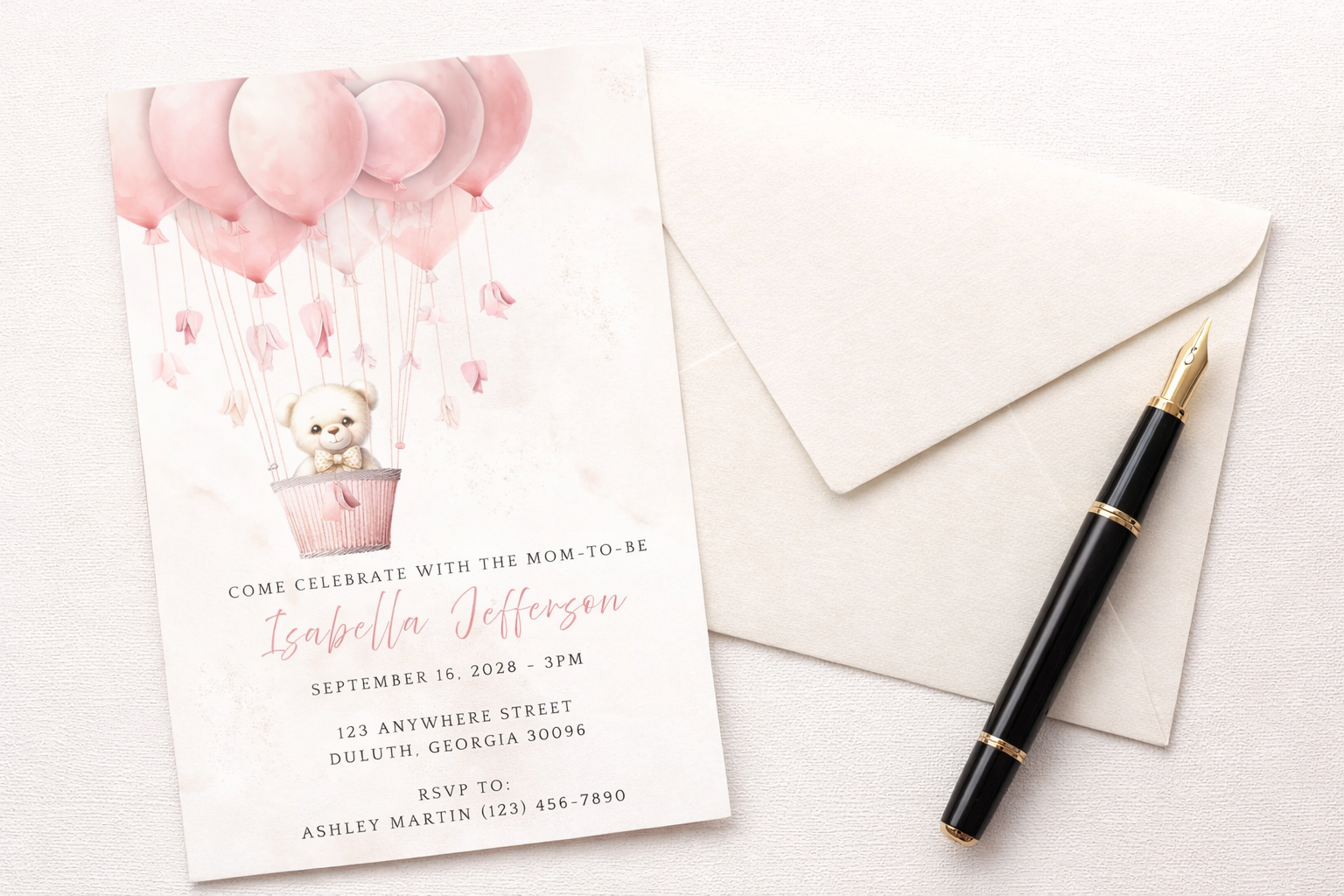 Bear and Balloons Baby shower Invitation | Instant Download