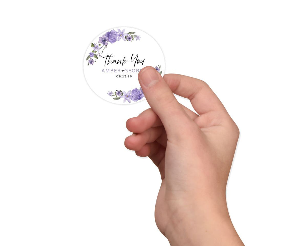 Purple Floral Monogram Label, Personalized Name Sticker, Thank You Labels, Wedding Favor Stickers