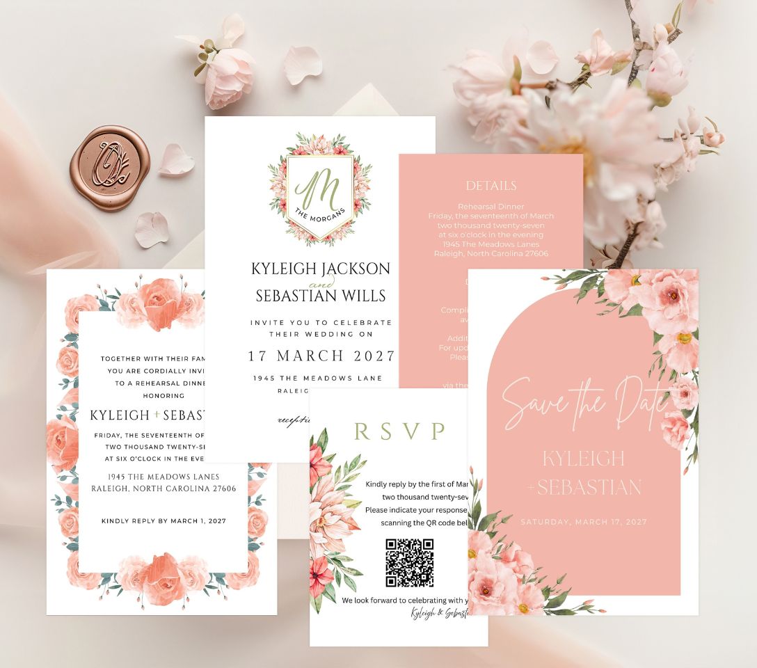 Editable Wedding Invitation, Rustic Peach Floral Monogram, Digital Download