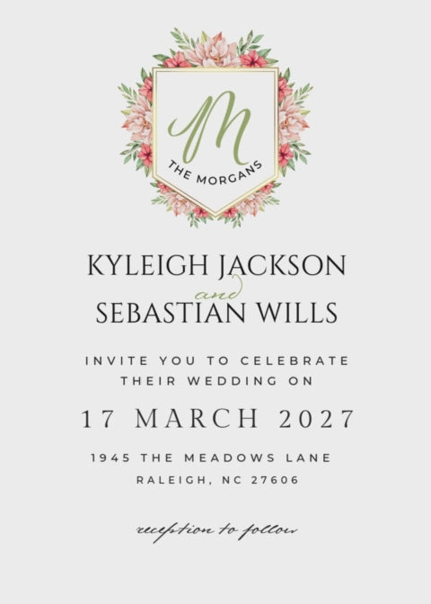 Editable Wedding Invitation, Rustic Peach Floral Monogram, Digital Download