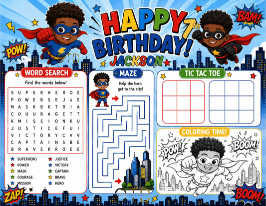 Superhero Birthday Activity Sheet Template | Editable in Canva | 8.5" x 11" Digital Download