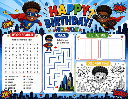 Superhero Birthday Activity Sheet Template | Editable in Canva | 8.5" x 11" Digital Download