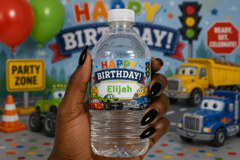 Cars & Trucks Birthday Water Bottle Label Template | Digital Download