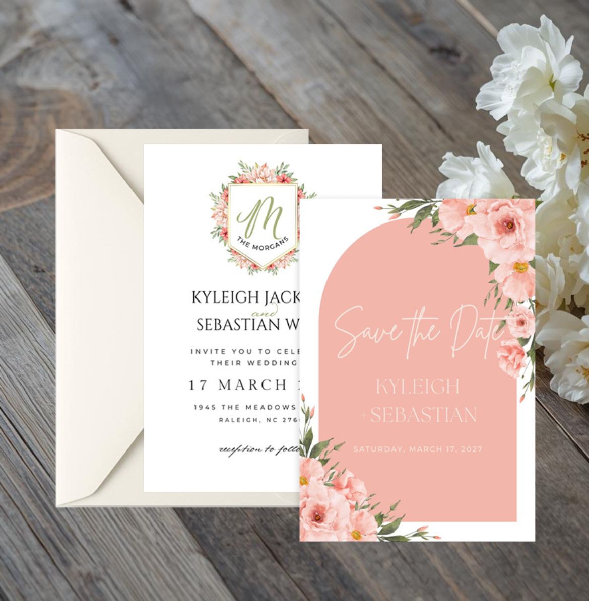 Editable Wedding Invitation, Rustic Peach Floral Monogram, Digital Download